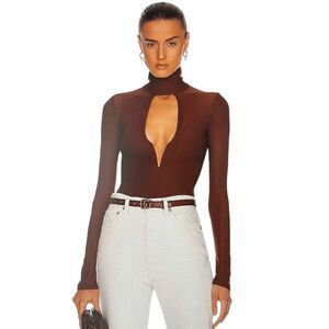 ALIX NYC Brown Hewlett Plunge Deep V Mock Collar Thong Bodysuit SIZE MEDIUM